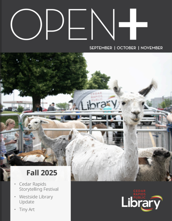 OPEN+ magazine cover with a llama in front of the library's mobile tech van.