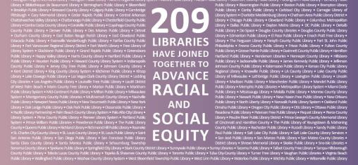 White text on purple background: "209 libraries that have joined together to advance racial and social equity"