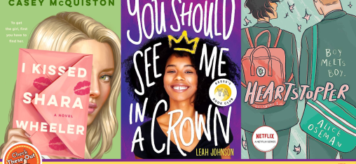 A graphic has an orange circle with a thumbs up that says "Check These Out," the library logo, and three book covers: "I Kissed Shara Wheeler," "You Should See Me in a Crown," and "Heartstopper."