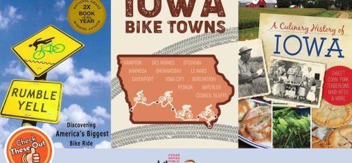 A graphic has an orange circle with a thumbs up that says "Check These Out," the library logo, and three book covers: "Rumble Yell," "Iowa Bike Towns" and "A Culinary History of Iowa."