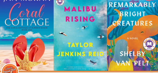 A graphic has an orange circle with a thumbs up that says "Check These Out," the library logo, and three book covers: "Coral Cottage," "Malibu Rising," and "Remarkably Bright Creatures."