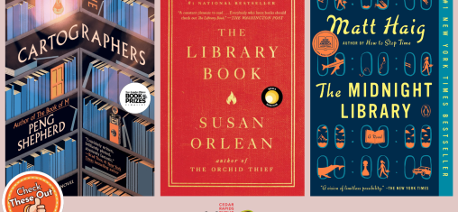 A graphic has an orange circle with a thumbs up that says "Check These Out," the library logo, and three book covers: "The Cartographers," "The Library Book," and "The Midnight Library."