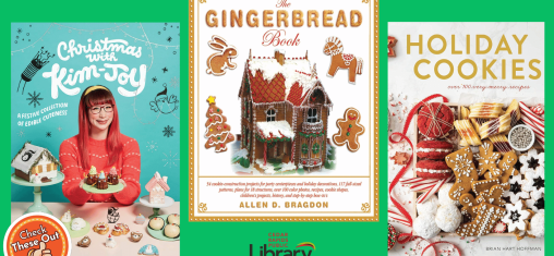 A graphic has an orange circle with a thumbs up that says "Check These Out," the library logo, and three book covers: "Christmas with Kim-Joy," "The Gingerbread Book" and "Holiday Cookies."
