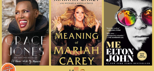 A graphic has an orange circle with a thumbs up that says "Check These Out," the library logo, and three book covers: "I'll Never Write My Memoirs" by Grace Jones, "The Meaning of Mariah Carey" by Marian Carey and "Me" by Elton John.