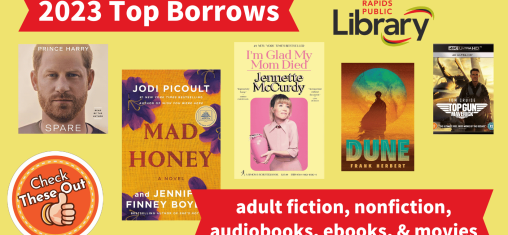 A graphic has an orange circle with a thumbs up that says "Check These Out," the library logo,  banners with "2023 Top Borrows" and "adult fiction, nonfiction, audiobooks, ebooks & movies" and four book covers.