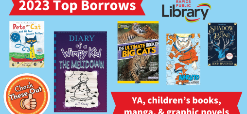 A graphic has an orange circle with a thumbs up that says "Check These Out," the library logo,  banners with "2023 Top Borrows" and "YA, children's books, manga, & graphic novels."