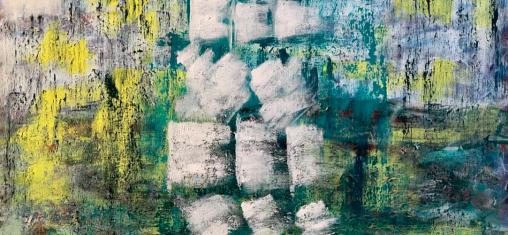 An abstract painting has yellow, white, green and blue blocks and splotches.