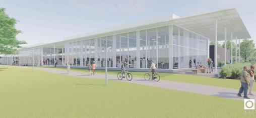 Rendering of new westside library from the west with people outside