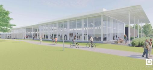 Rendering of new westside library from the west with people outside