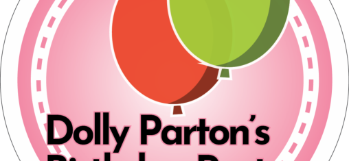 A graphic says "Dolly Parton's Birthday Party" with illustrated balloons over a pink circle.