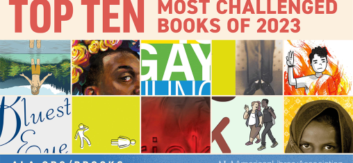 A graphic says Top Ten Most Challenged Books of 2023 with partial images of book covers.