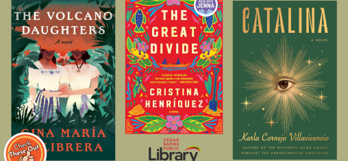 A graphic has an orange circle with a thumbs up that says "Check These Out," the library logo, and three book covers: "The Volcano Daughters," "The Great Divide," and "Catalina."