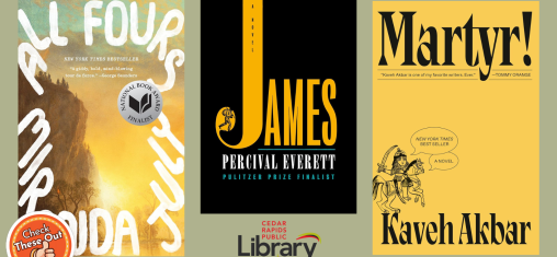 A graphic has an orange circle with a thumbs up that says "Check These Out," the library logo, and three book covers: "All Fours," "James," and "Martyr!"