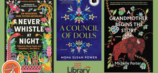 A graphic has an orange circle with a thumbs up that says "Check These Out," the library logo, and three book covers: "Never Whistle at Night," "A Council of Dolls," and "A Grandmother Begins the Story."