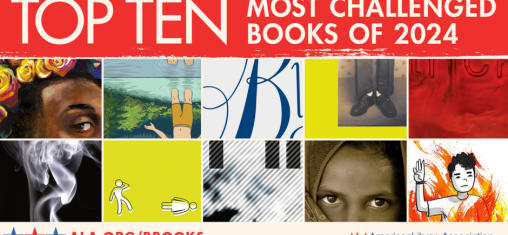 "Top Ten Most Challenged Books of 2024" with fragments of book covers.