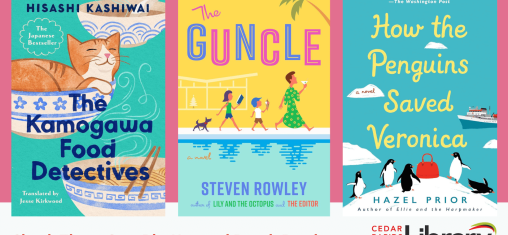 A graphic says "Check These Out: Big-Hearted Beach Reads" with book covers for "The Kamogawa Food Detectives," "The Guncle," and "How the Penguins Saved Veronica."."