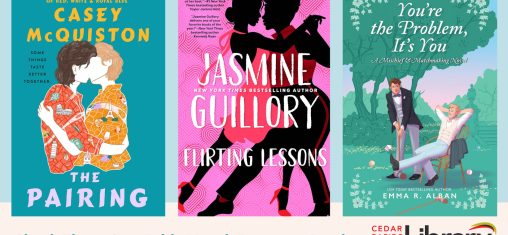 A graphic says "Check These Out: Pride Month Romance Reads" with book covers for "The Pairing," "Flirting Lessons," and "You're the Problem, It's You."