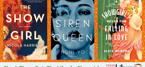 A graphic has a glittery orange background with three book covers: "The Show Girl," "Siren Queen," and "A Showgirl's Rules for Falling in Love," with the words "Check These Out: The Life of a Showgirl."