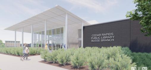 A rendering shows a library building with the words "Cedar Rapids Public Library Busse Branch."