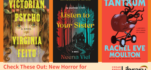 A graphic says "Check These Out: New Horror for Spooky Season" with book covers for "Victorian Psycho," "Listen to Your Sister," and "Tantrum."