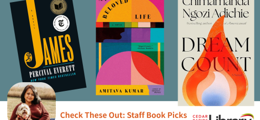 A graphic says "Check These Out: Books Sampurna Loves" with book covers for "James, "My Beloved Life," and "Dream Count," with a photo of a woman hugging a dog.