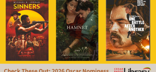 A graphic says "Check These Out: 2026 Oscar Nominees" with three DVD covers: "Sinners," "Hamnet," and "One Battle After Another."