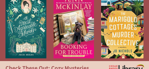 A graphic says "Check These Out: Cozy Mysteries" with three book covers.