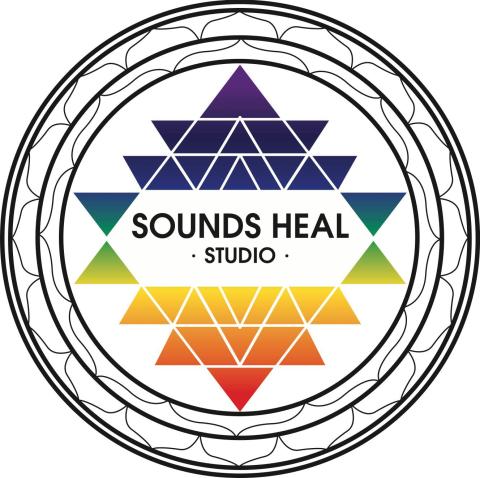 A logo has a colorful geometric shape around the words "Sounds Heal Studio."