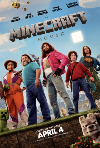 A Minecraft Movie with several actors posing for the camera.