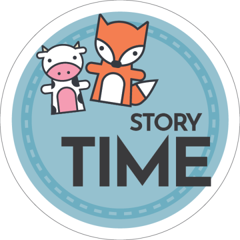 Illustration of animal puppets with the words "Story Time."
