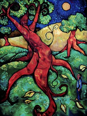 A painting has a man looking at a tree that has human features.