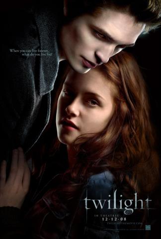 Twilight movie poster with Robert Pattinson and Kristen Stewart in an embrace.