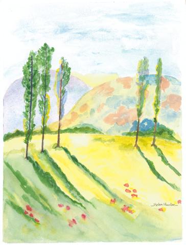 A painting shows trees and flowers on a hill.