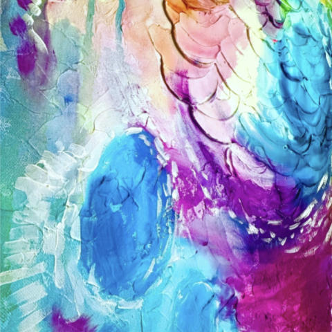 An abstract painting with blue and purple swirls.