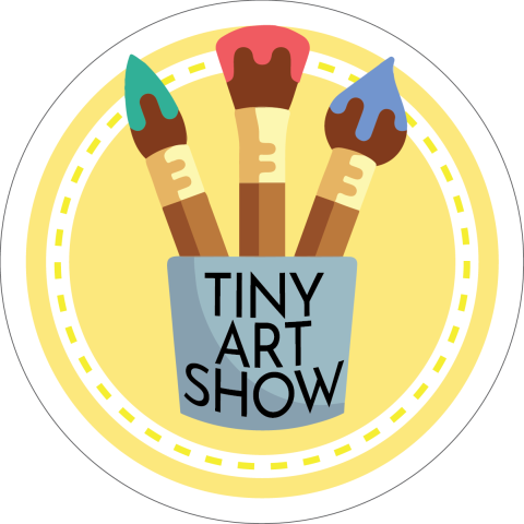 Three paintbrushes in a jar that says Tiny Art Show.
