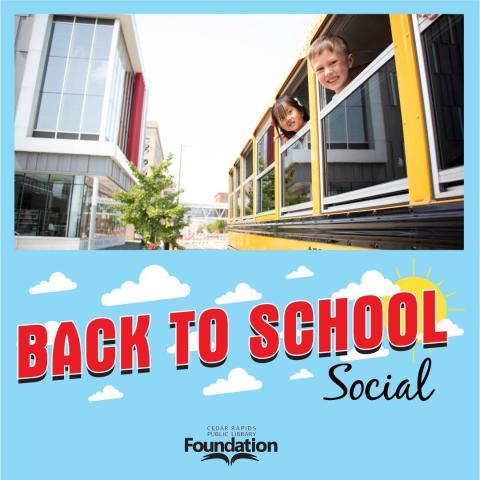 Children smile inside a school bus above the words "Back to school social."