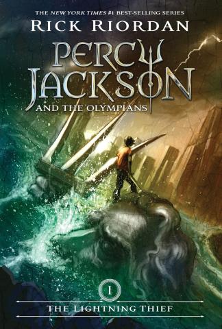 A book cover says Percy Jackson and the Olympians: The Lightning Thief with an image of a boy looking at a city skyline from a raging sea.
