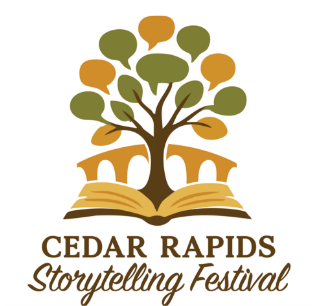 Cedar Rapids Storytelling Festival logo with open book, tree, and bridge
