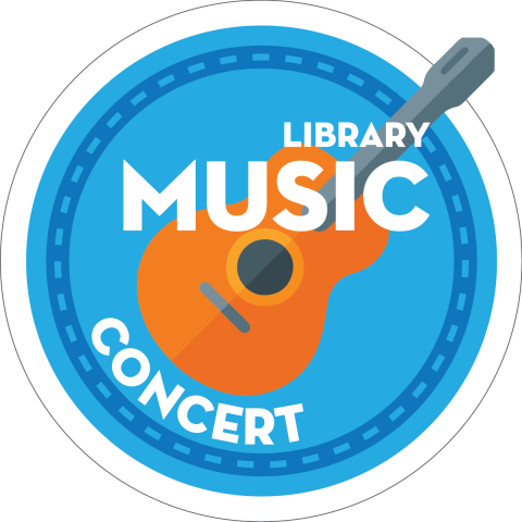 The words Library Music Concert over an illustration of a guitar on a blue circle.