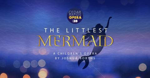 A graphic has the little mermaid swimming over a blue background.