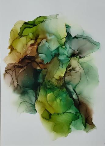 "A Walk in the Woods" painting by Shelly Bales is has abstract greens and browns on a white background.