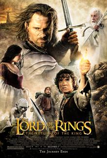 Frodo holds up the Ring while Aragorn brandishes a sword, with other characters between them