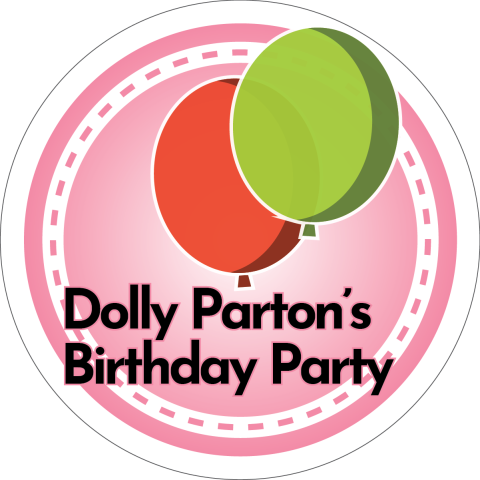 Dolly Parton's Birthday Party written with an illustration of red and green balloons.