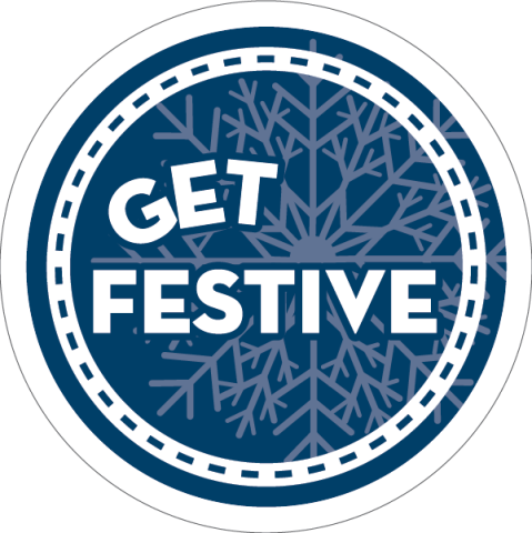"Get Festive" written over a snowflake in a blue circle.
