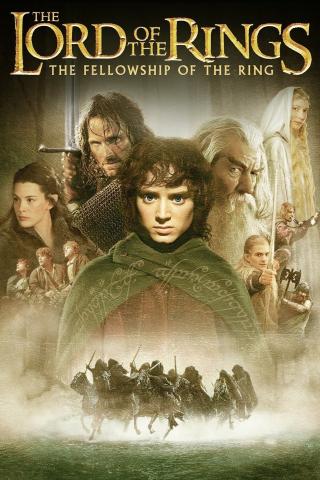 The characters of the Fellowship of the Rings look at the camera as Ringwraiths gallop below them.