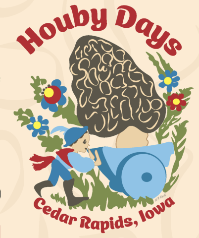 An illustration says Houby Days, Cedar Rapids, Iowa, with a boy pushing a morel mushroom in a cart.