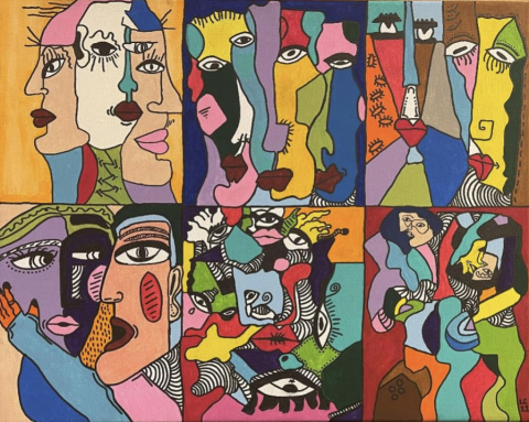 A painting shows abstract faces in bright colors.