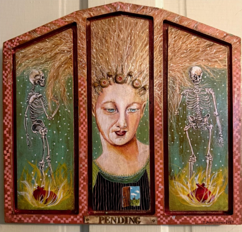 A triptych painting has skeletons on both sides of a woman whose hair is streaming up and out of the frame.