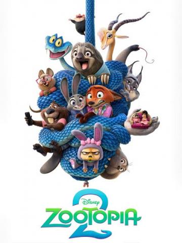 Cartoon animals are tangled up in a snake in the Zootopia 2 poster.