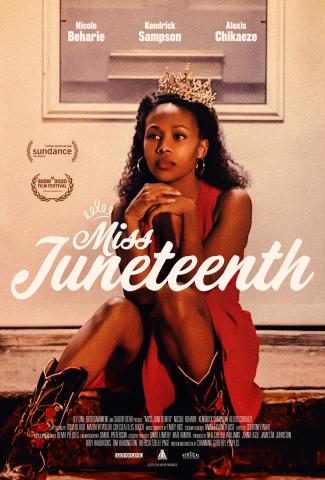 movie cover for movie "Miss Juneteenth" with woman sitting in a hallway wearing a beauty queen crown and dress